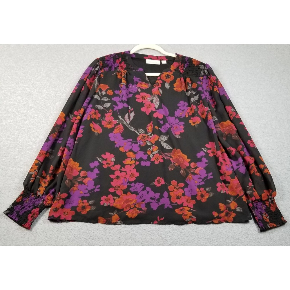 Kim Gravel Blouse Womens Medium M Black Floral Smock Cuff V-Neck Long Sleeve Top